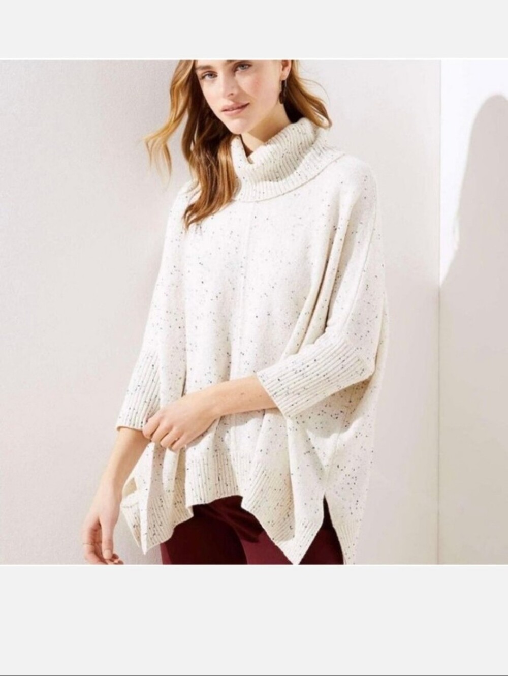 LOFT Cozy Cream Speckled Turtleneck Sweater Poncho Oversized Size Medium